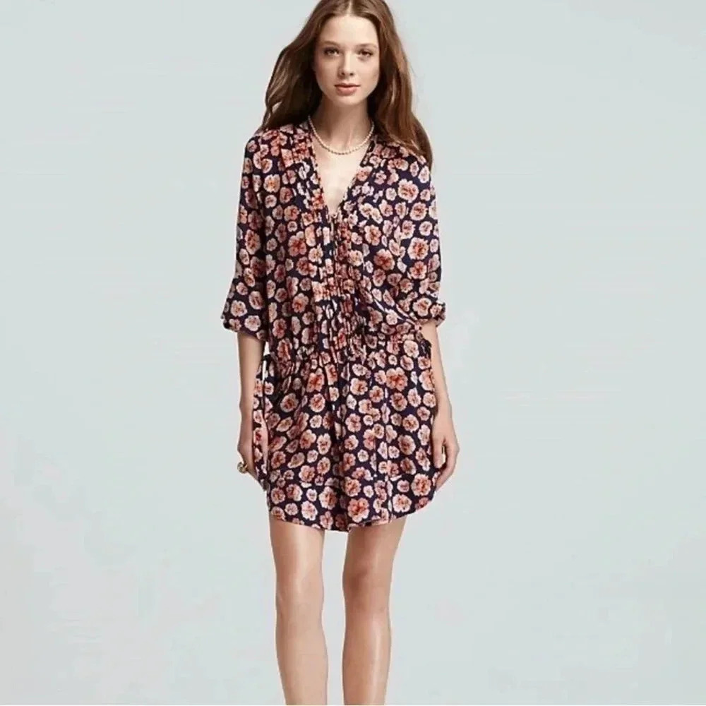 Rebecca Taylor Coral Pom Pom Long Sleeve Silk Tunic Mini Dress Size 2